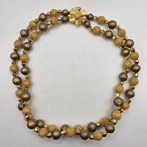 Vintage Art Deco Style Yellow Gold tone Double Stranded Floral Design Neclace